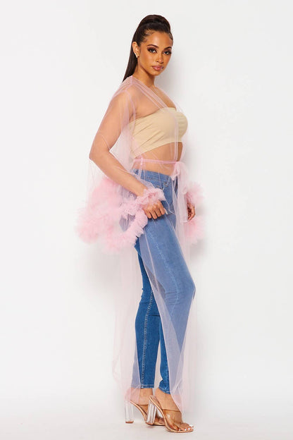 Tulle Mesh Ruffle Duster Cardigan