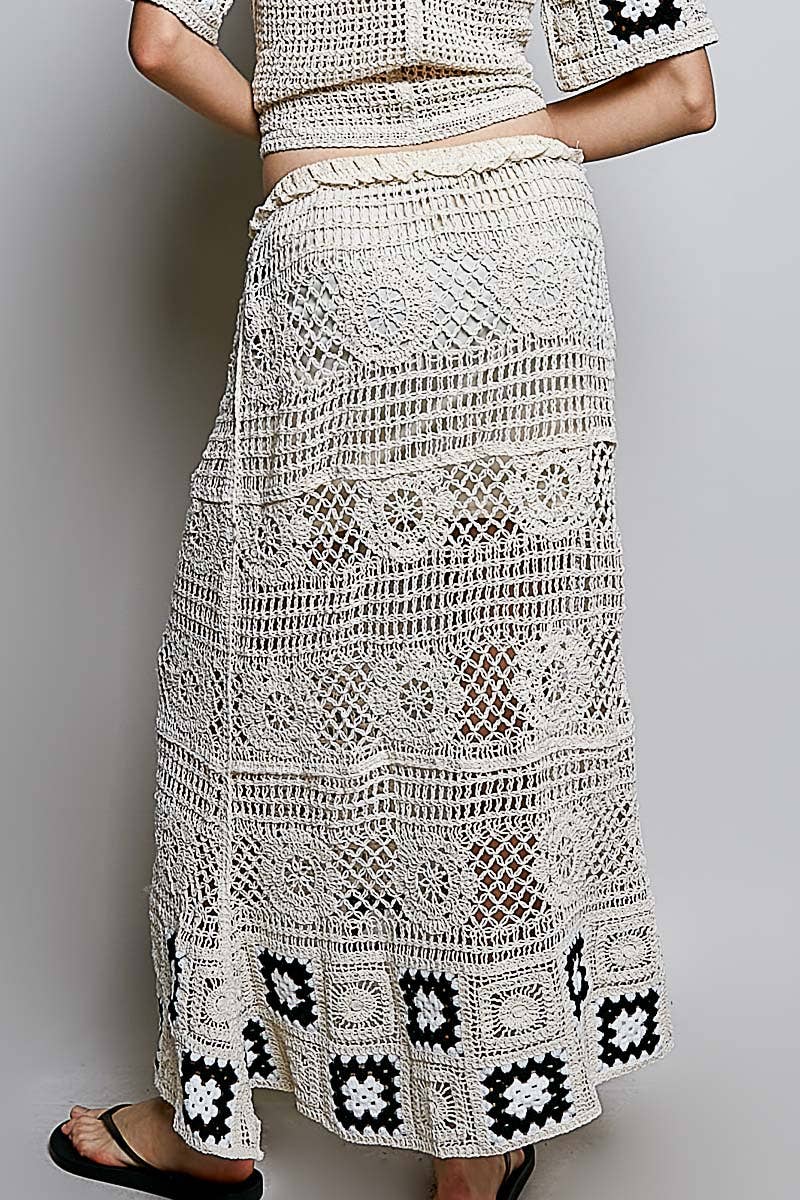 Granny Square Weave Ruffle Waistband Crochet Maxi Skirt