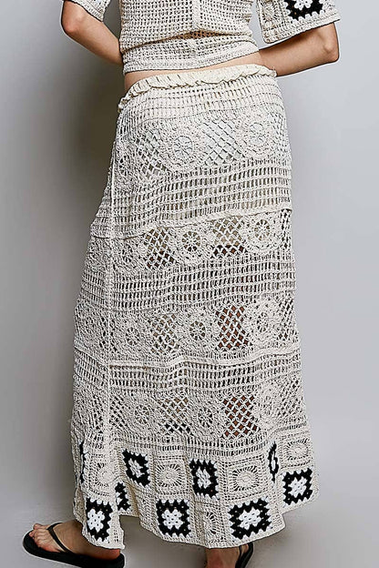 Granny Square Weave Ruffle Waistband Crochet Maxi Skirt