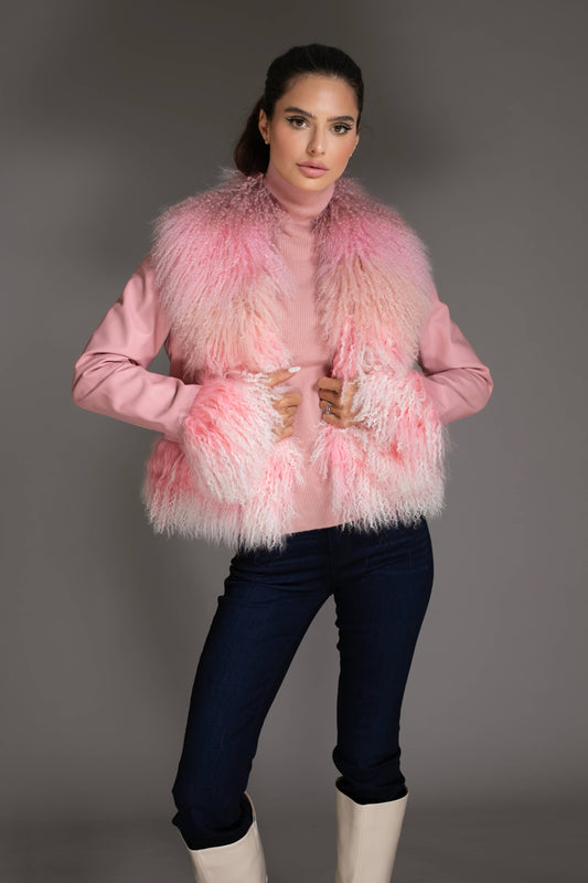 Pink Ombre Leather Jacket with Mongolian Wool Collar