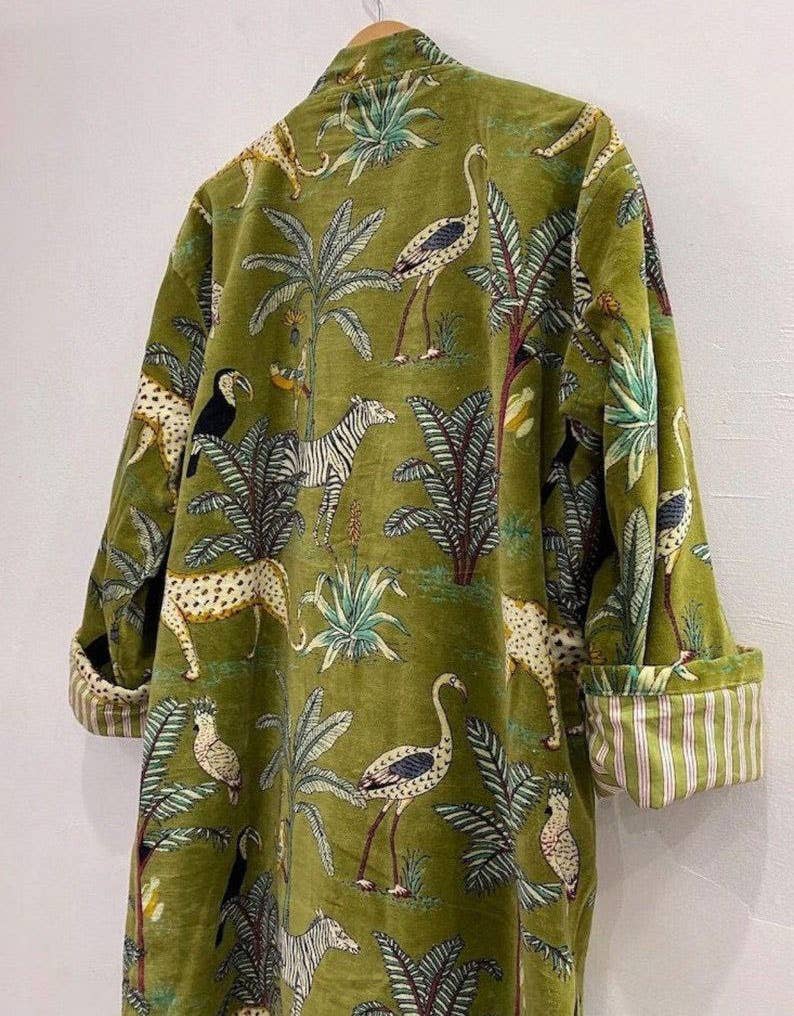 Green Jungle Velvet Kimono Robe  Coat