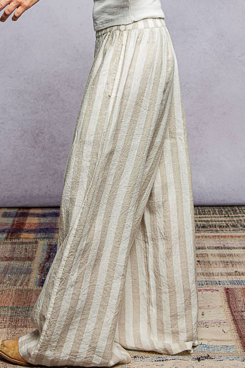 Stripe Elastic Waist Band Linen Wide Pants