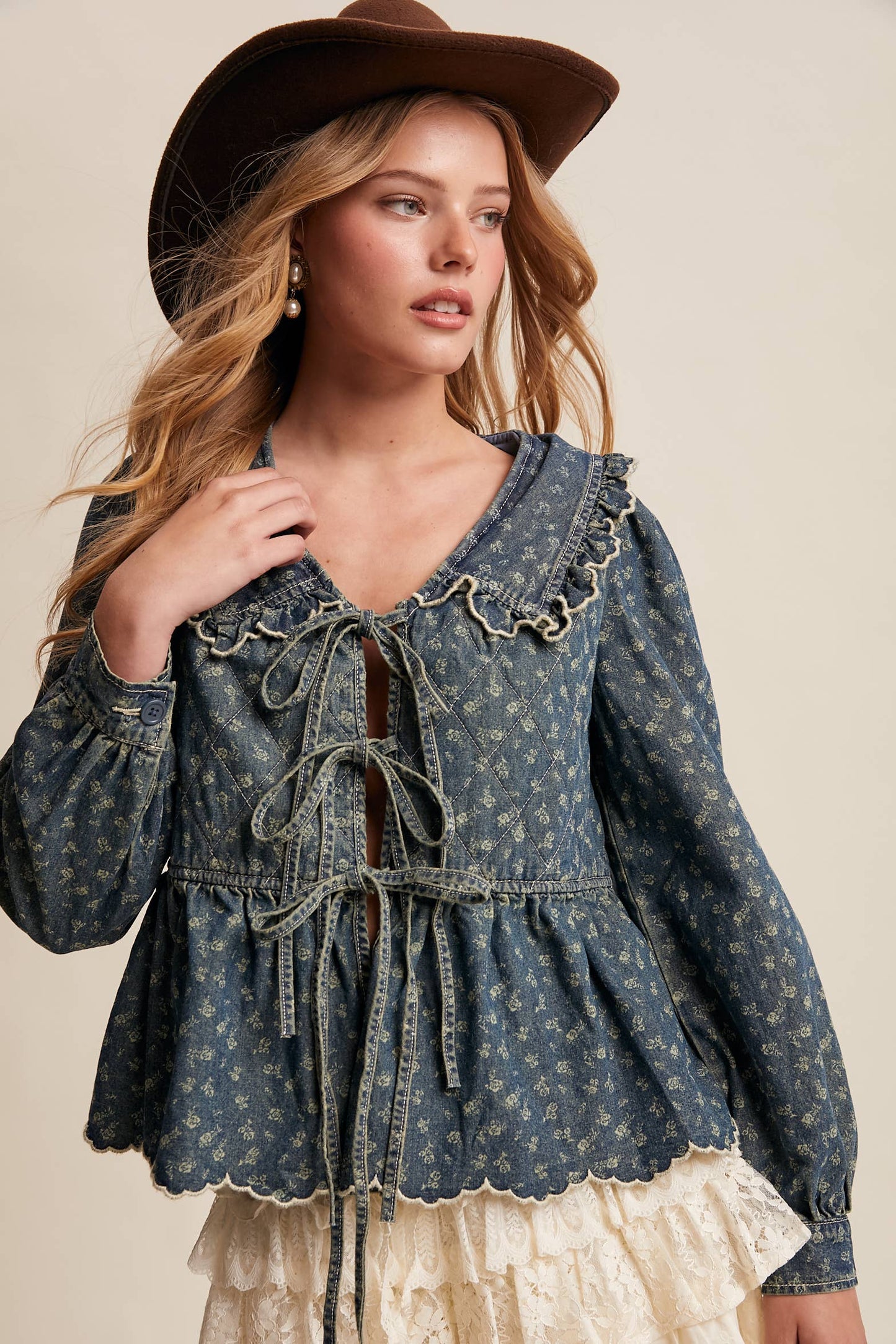 Ruffle Collar Tie-Front Denim Blouse