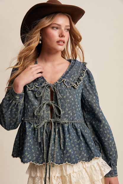 Ruffle Collar Tie-Front Denim Blouse