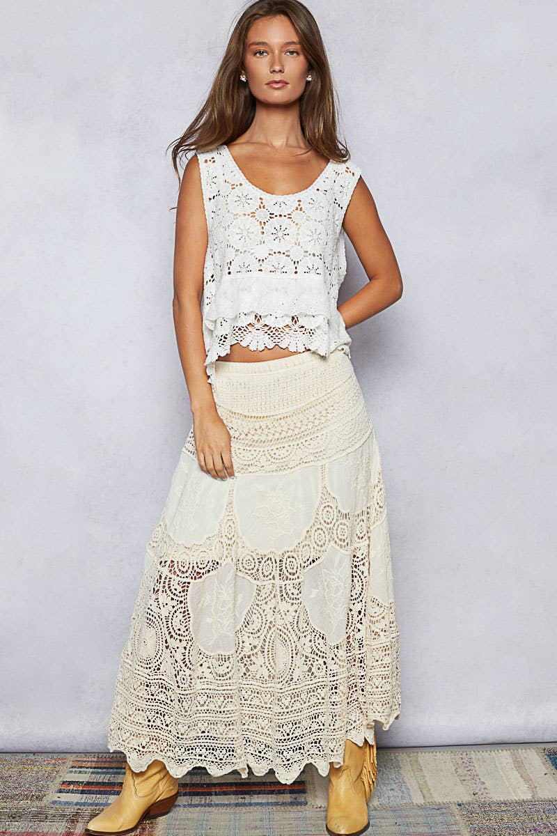 Round neck ruffle embroidered eyelet crochet top