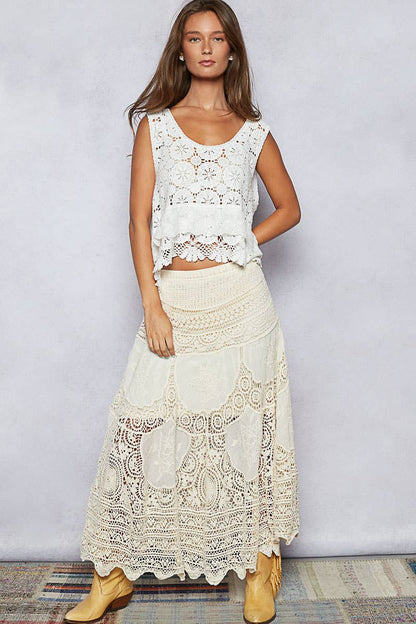 Round neck ruffle embroidered eyelet crochet top