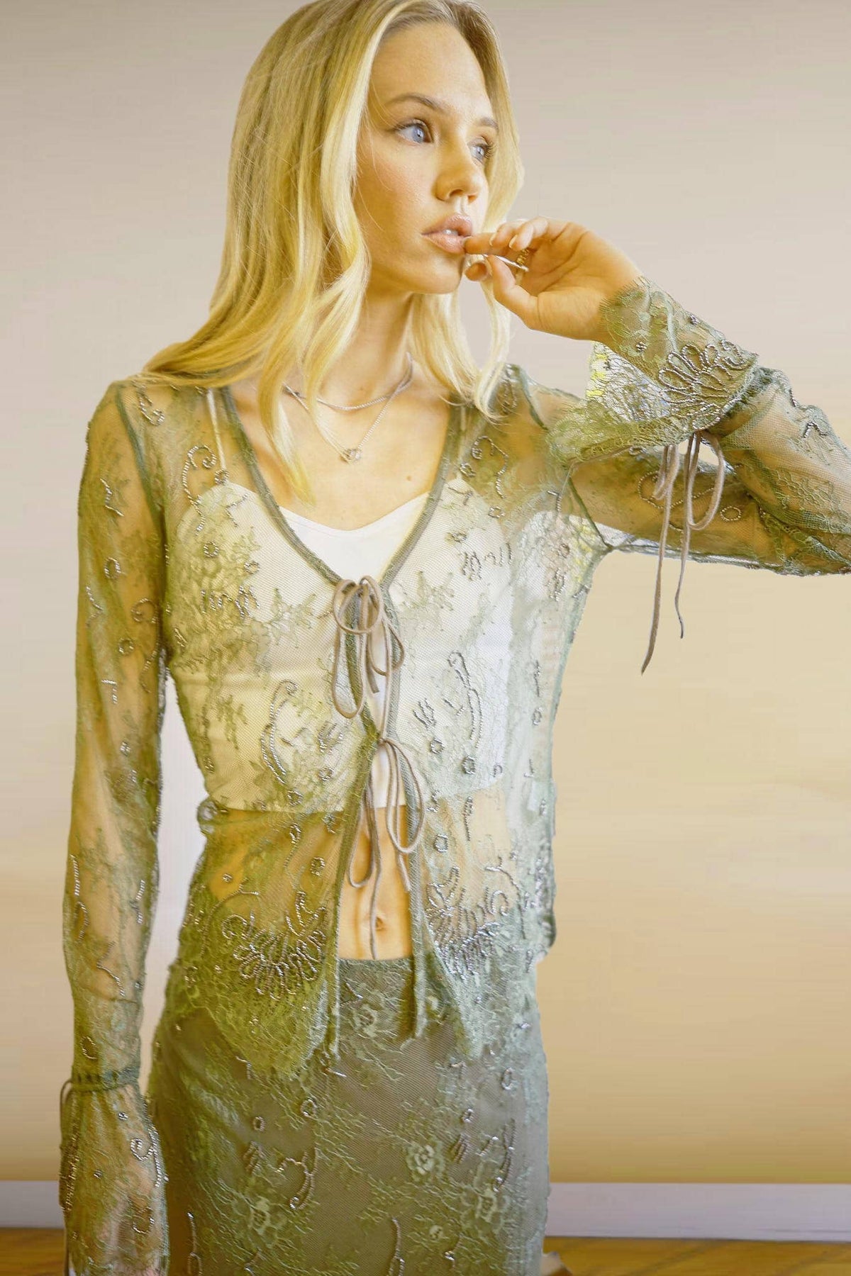 Lace Scallop Beaded Tie Front Sheer Top