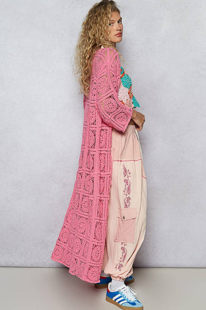 Long Sleeve Crochet Open Long Cardigan