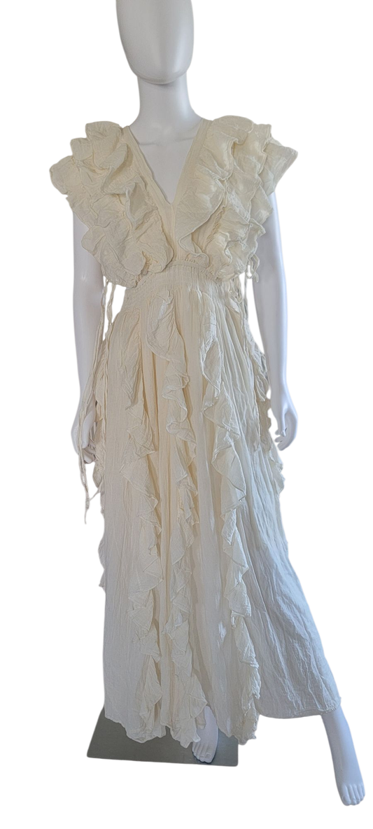 Cotton Long Ruffled Dress With Side Tie Strings Ivory