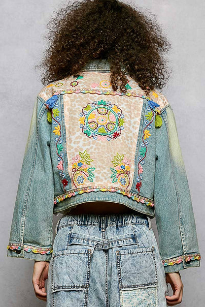 Floral Embroidery Lace Trim Tassel Denim Jacket