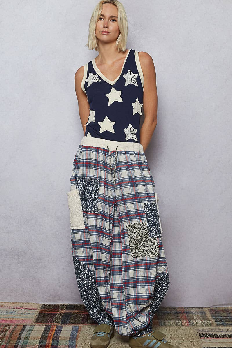 V-neck Sleeveless Front Star Patches Solid Basic Top