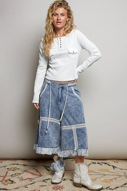 Vintage Washing Lace Ruffle Back Elastic Band Wide Pants