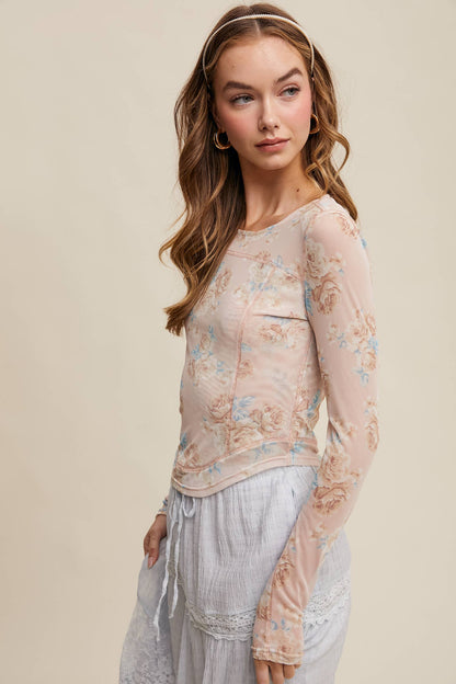 Floral Mesh Long Sleeve Layering Top