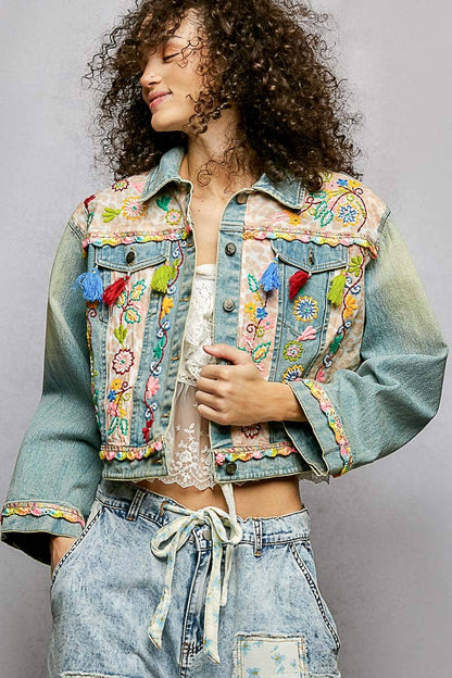 Floral Embroidery Lace Trim Tassel Denim Jacket