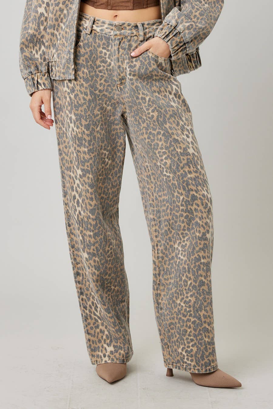 Garment Washed Leopard Baggy Pants