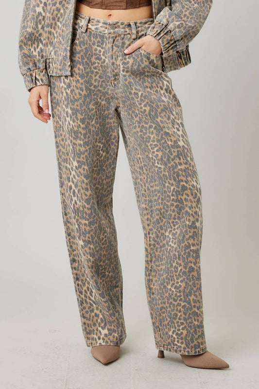 Garment Washed Leopard Baggy Pants