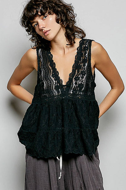 Sleeveless Deep V-neck Lace Trim Knit Top