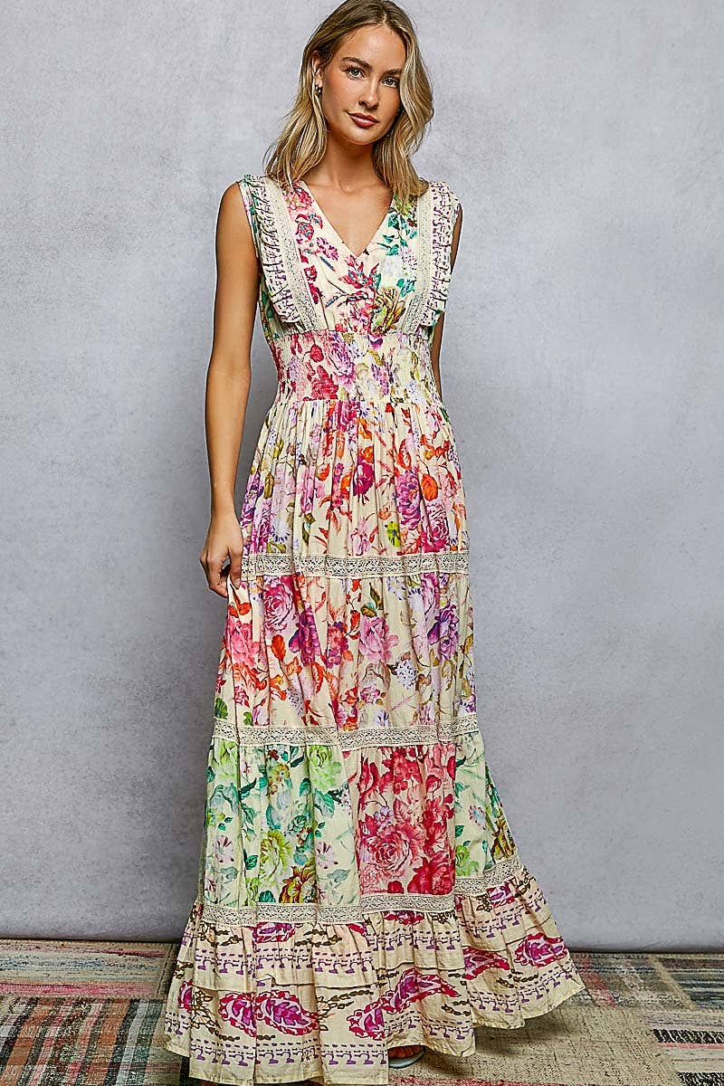 Smocked Waist Ruffle Floral Maxi Dress