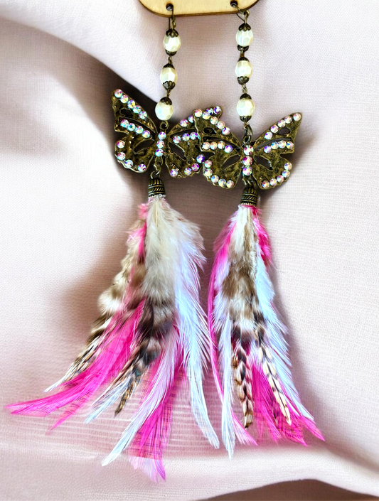 Pink Crystal Butterfly Feather Earrings