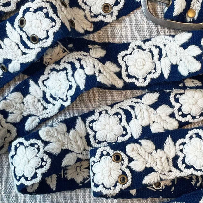 Two-Tone Embroidered Wool Belt, Blue/Cream