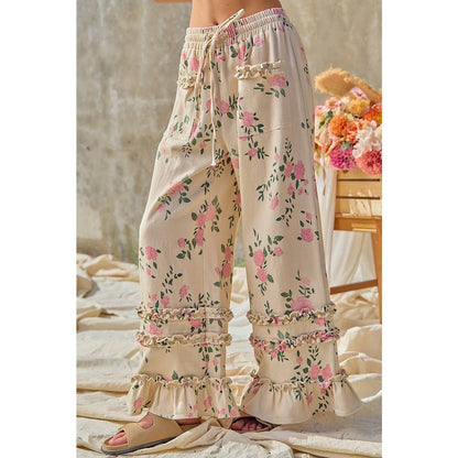 WASHED FLOWER PRINTED TWILL RUFFLED DETAIL WIDE PANTS