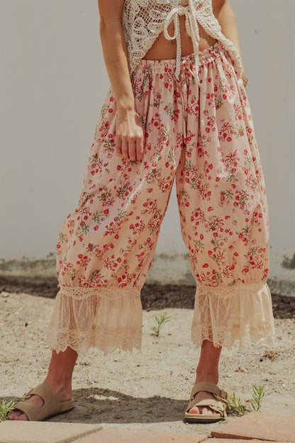 Floral Cotton Lace Hem Balloon Bloomer Pants