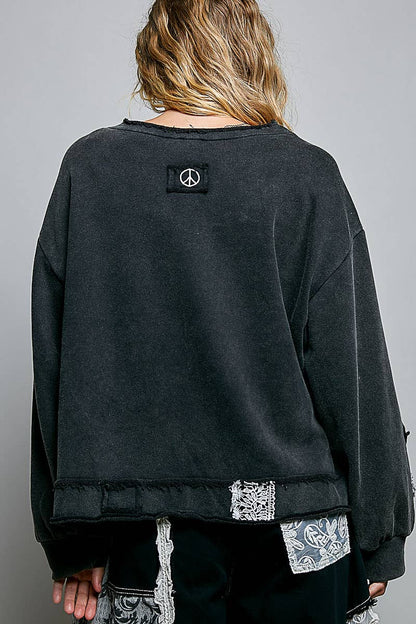 V-Neck Crochet Patch Cross Wrap Cropped Terry Top
