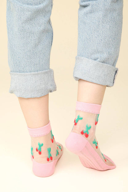 Cherry Embroidered Mesh Ankle Socks