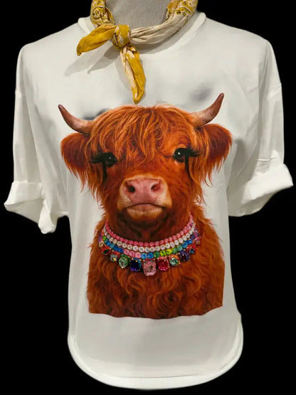 Jeweled Collar Highland Cow on White  Crew