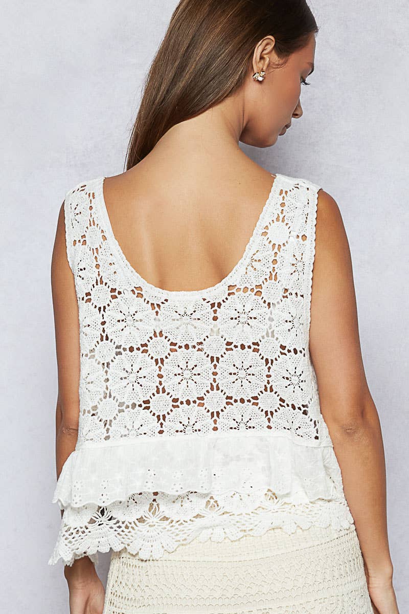 Round neck ruffle embroidered eyelet crochet top