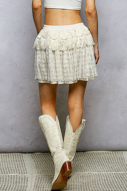 Fringe Circle Motif Trim Knee Length Skirt