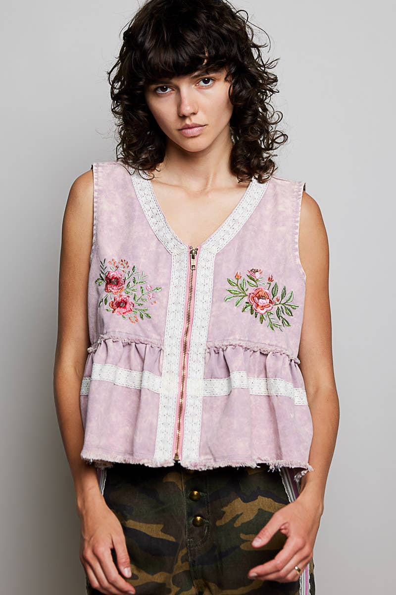 Embroidered Raw Edge Vintage Washing Twill Vest Jacket Top