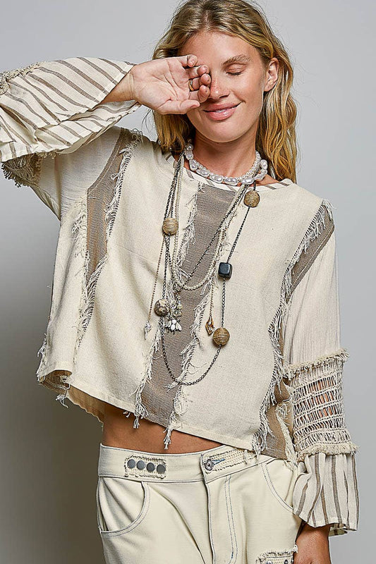 Raw Edge Contrast Panels Textured Woven Boxy Top
