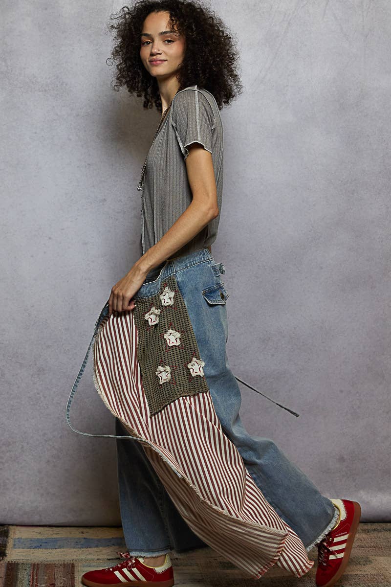 American flag wrapping raw edge camo/solid woven wide pants
