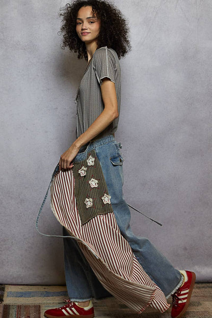 American flag wrapping raw edge camo/solid woven wide pants