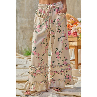 WASHED FLOWER PRINTED TWILL RUFFLED DETAIL WIDE PANTS