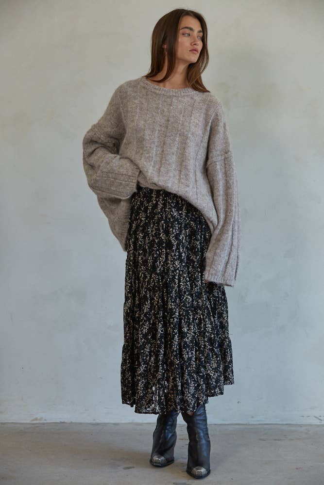 Woven Nylon Spandex Floral Lace Flare Midi Skirt