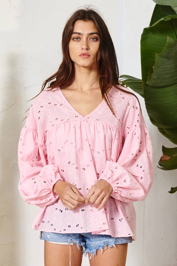 Puff Sleeve Eyelet Lace Babydoll Tunic Top