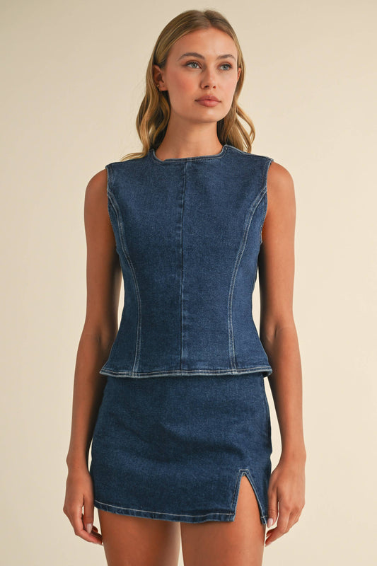 DENIM OPEN BACK TOP WITH BOW DETAIL AND MINI SKIRT