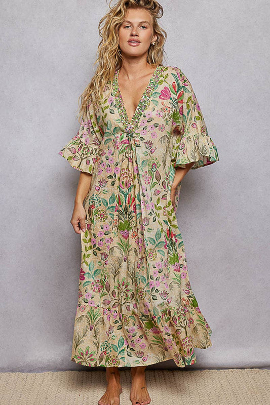V-Neck Floral Print Bead Trim Boho Maxi Dress