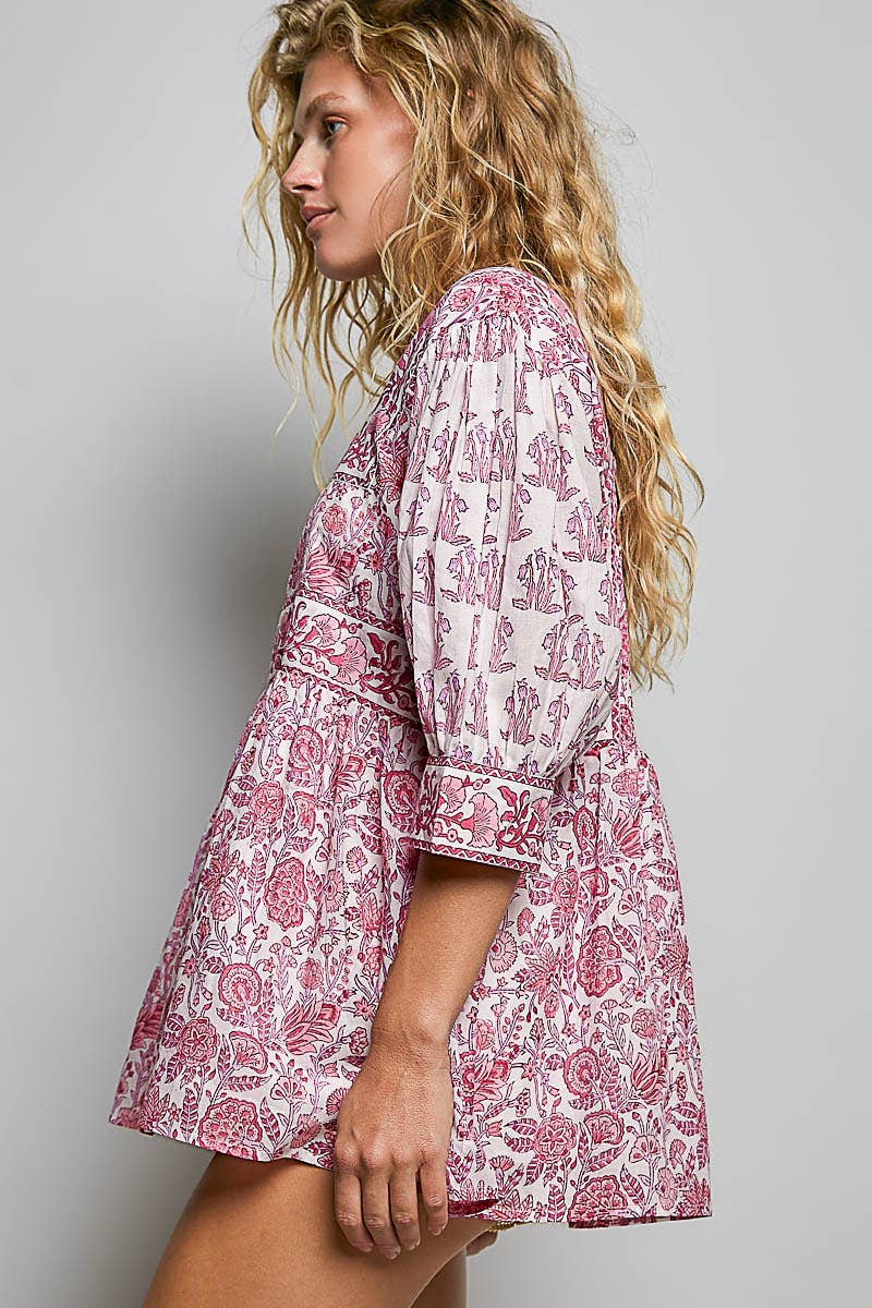 Boho Square Neck Gathered Waist Floral Block Print Blouse