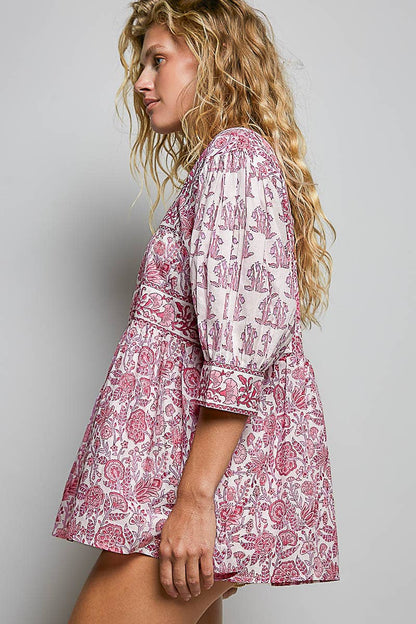Boho Square Neck Gathered Waist Floral Block Print Blouse