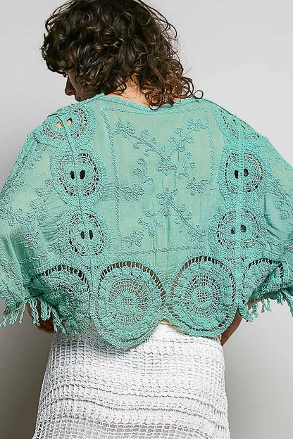 Scalloped knitted border Round Neck Crochet 3/4 Sleeve Top