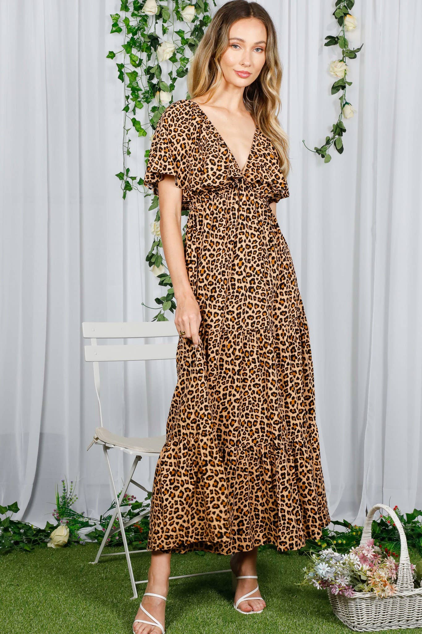 V-Neck Back Animal Printed Tiered Maxi Dress