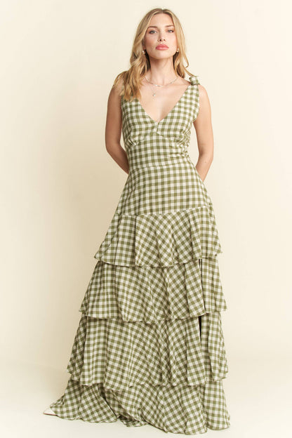 GREEN GINGHAM TIERED MAXI DRESS