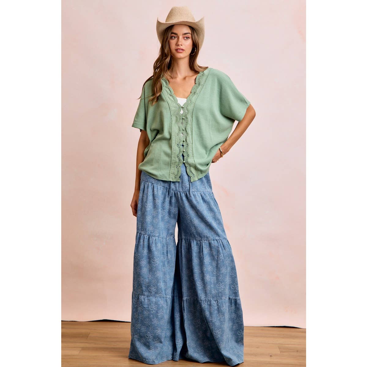 FLORAL TIERED FLARE DENIM PANTS