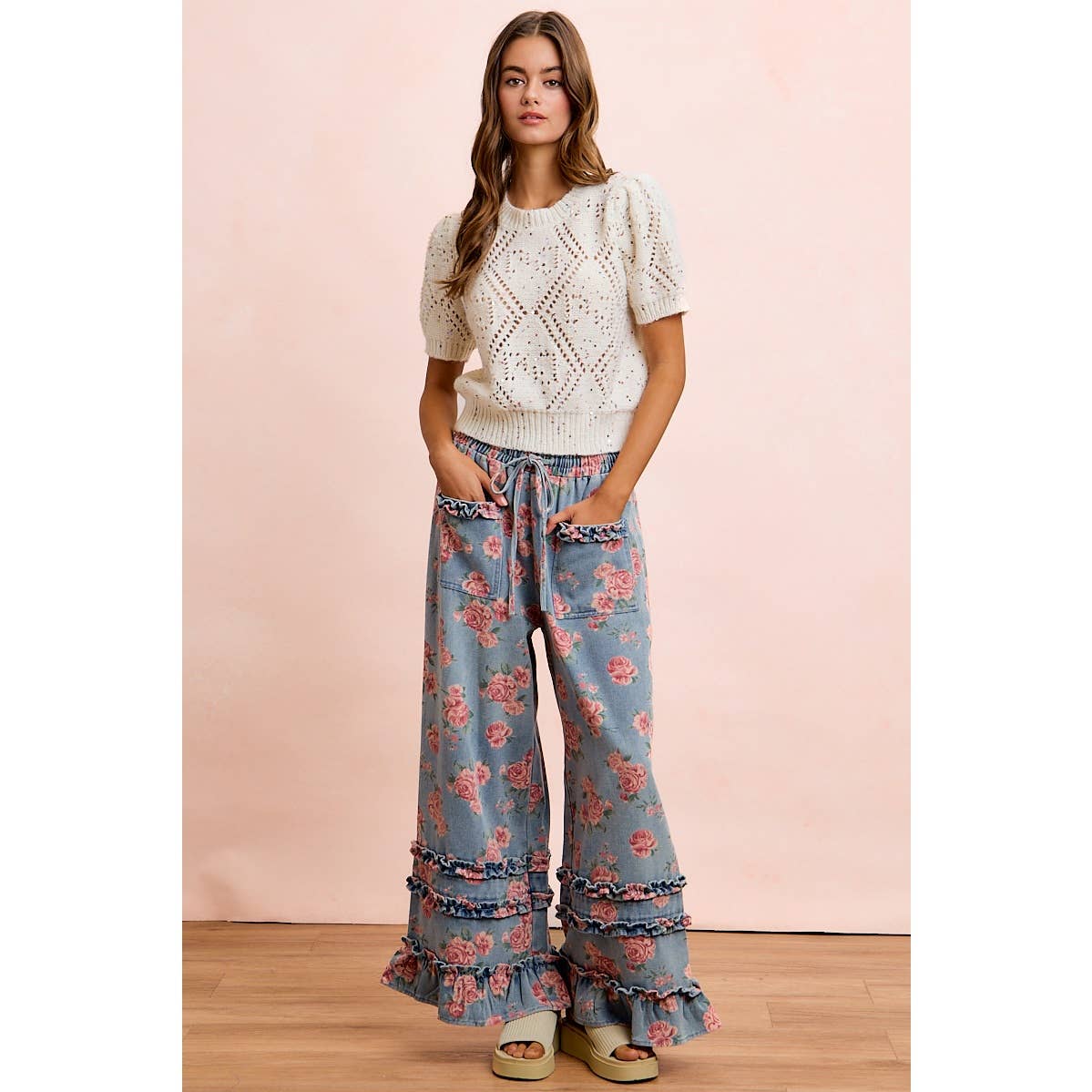 WASHED FLORAL DENIM WITH RUFFLE ELASTIC WIDE PANTS