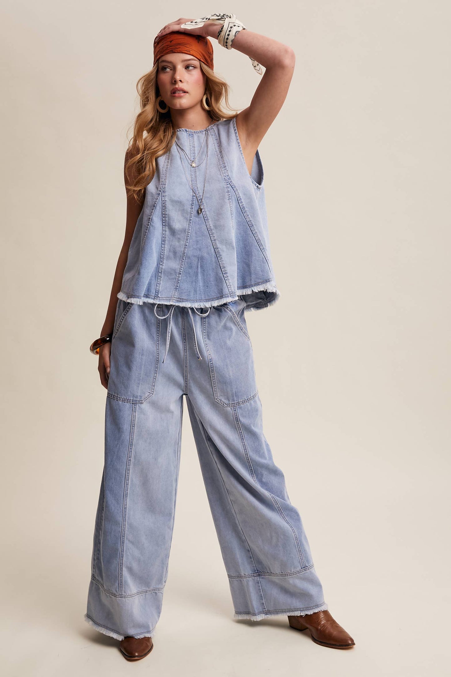 Washed Denim Tank & Wide-Leg Pants Set