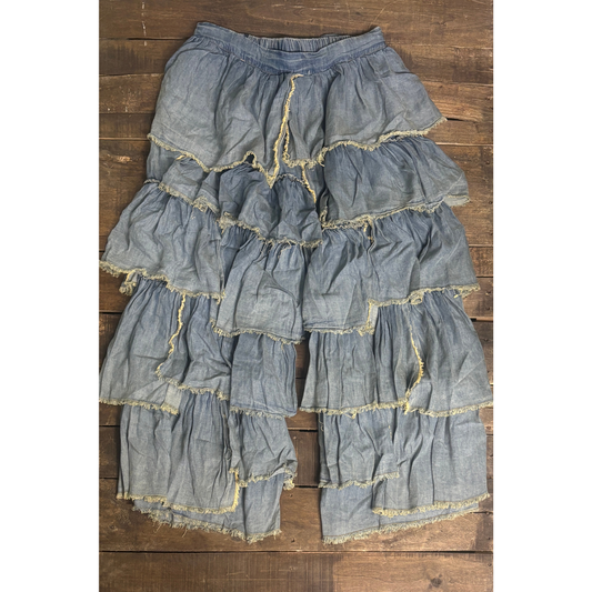 Ruffle Away Tiered Chambray Pants