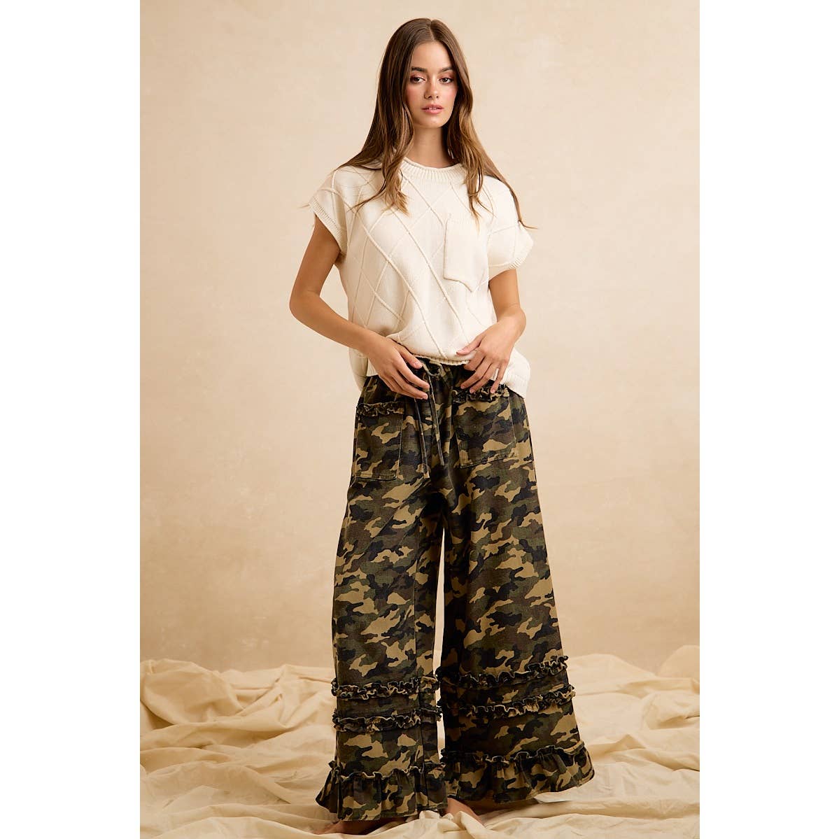 CAMOUFLAGE PRINTED TWILL RUFFLED DETAIL WIDE PANTS